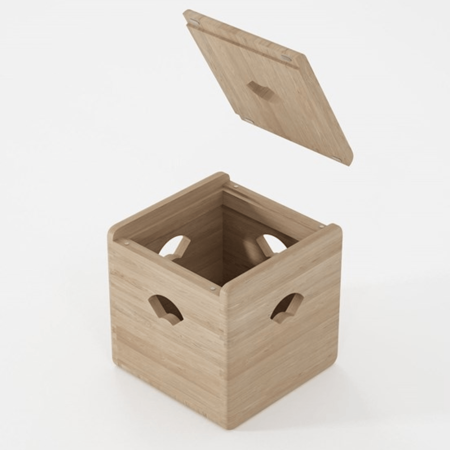 Wooden cube-shaped box with an open lid.