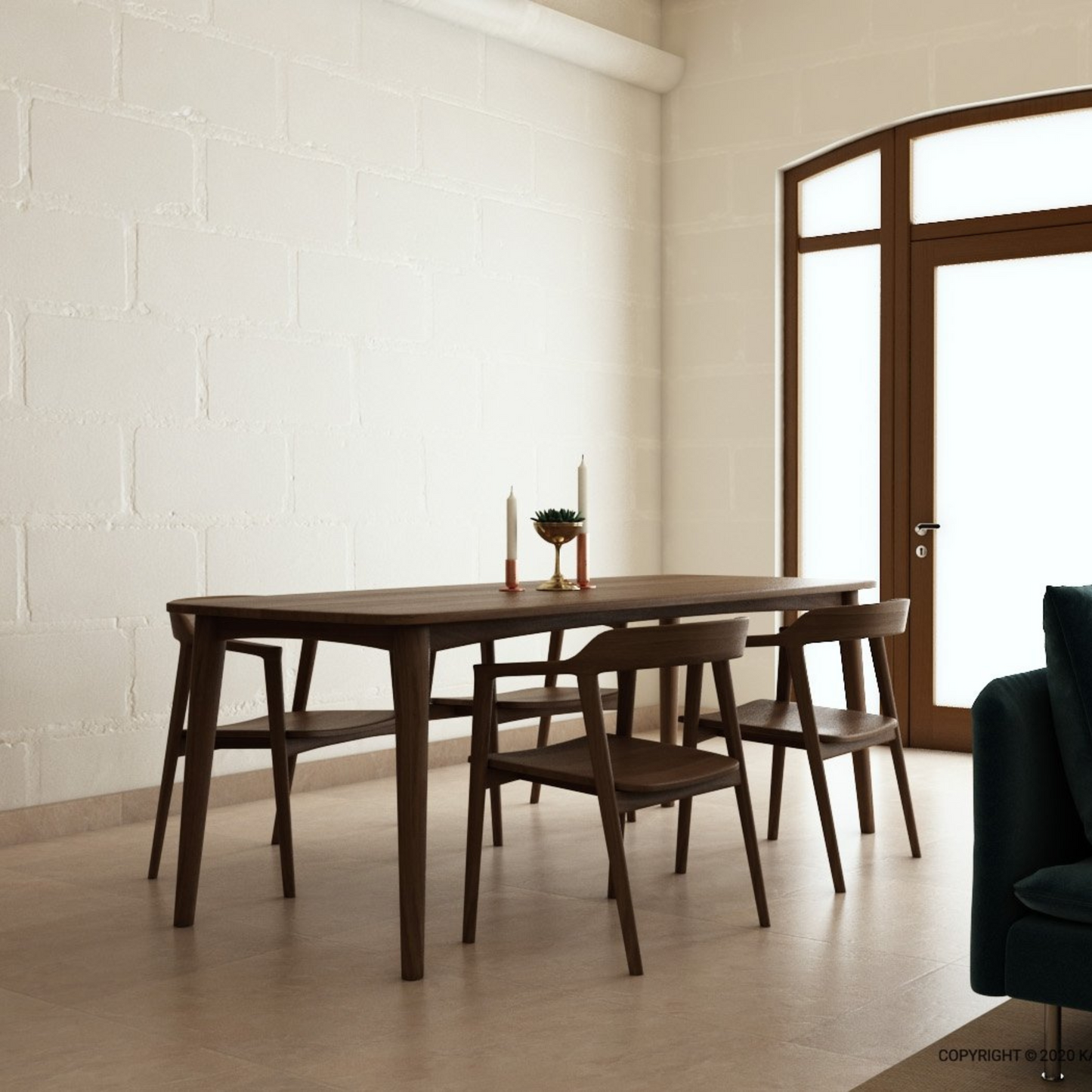 Wooden dining table and chairs in a modern room.