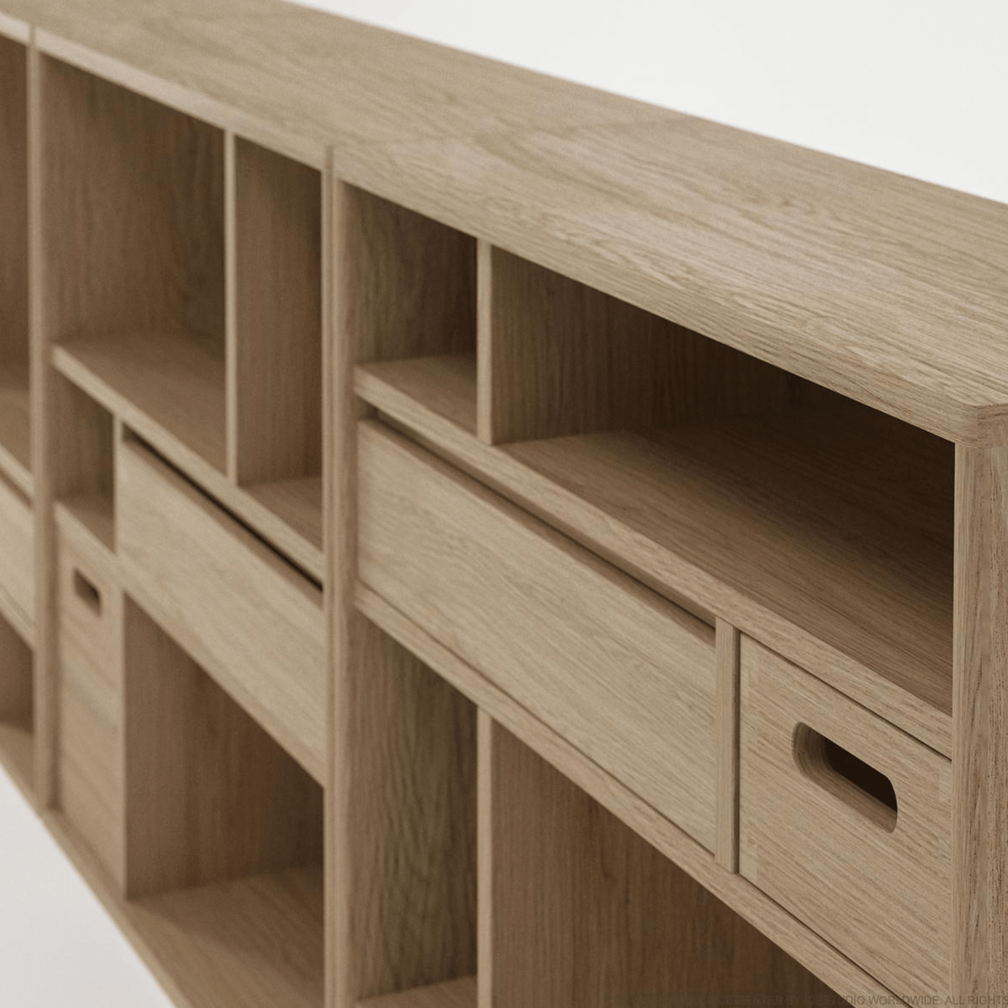 Wooden shelving unit with open compartments and drawers.