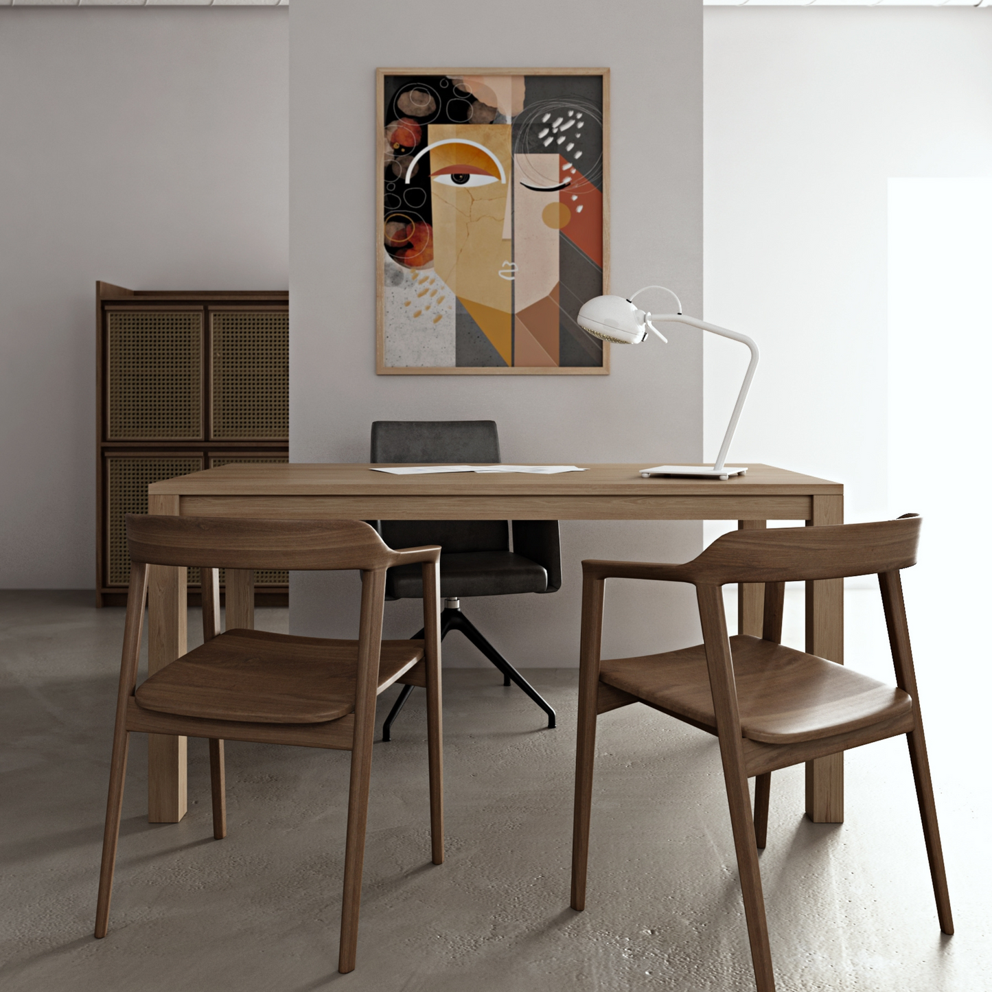Modern office interior with desk and artwork