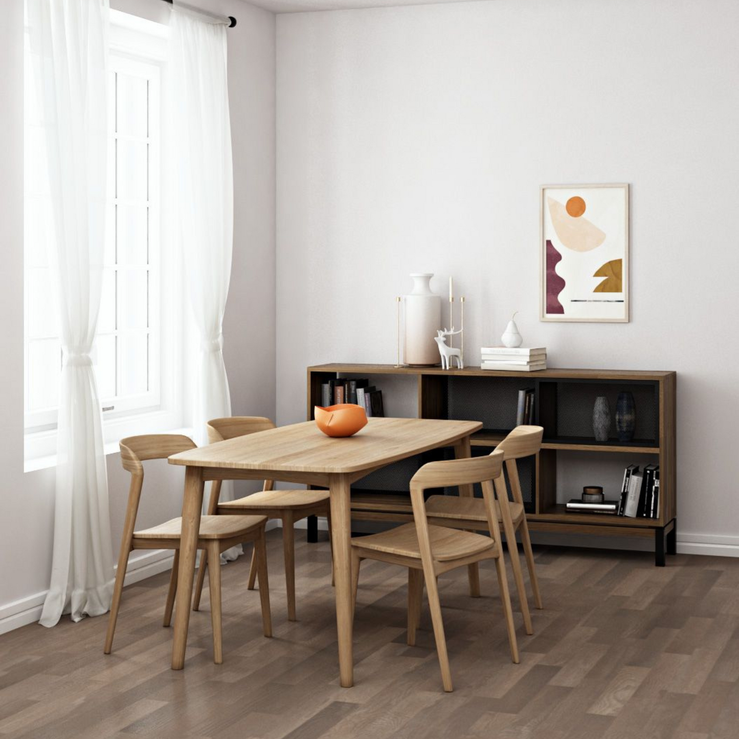 Dining room with table, chairs, and bookshelf.