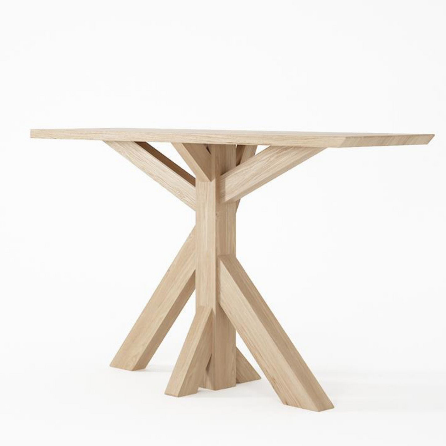 Wooden table with angled legs.
