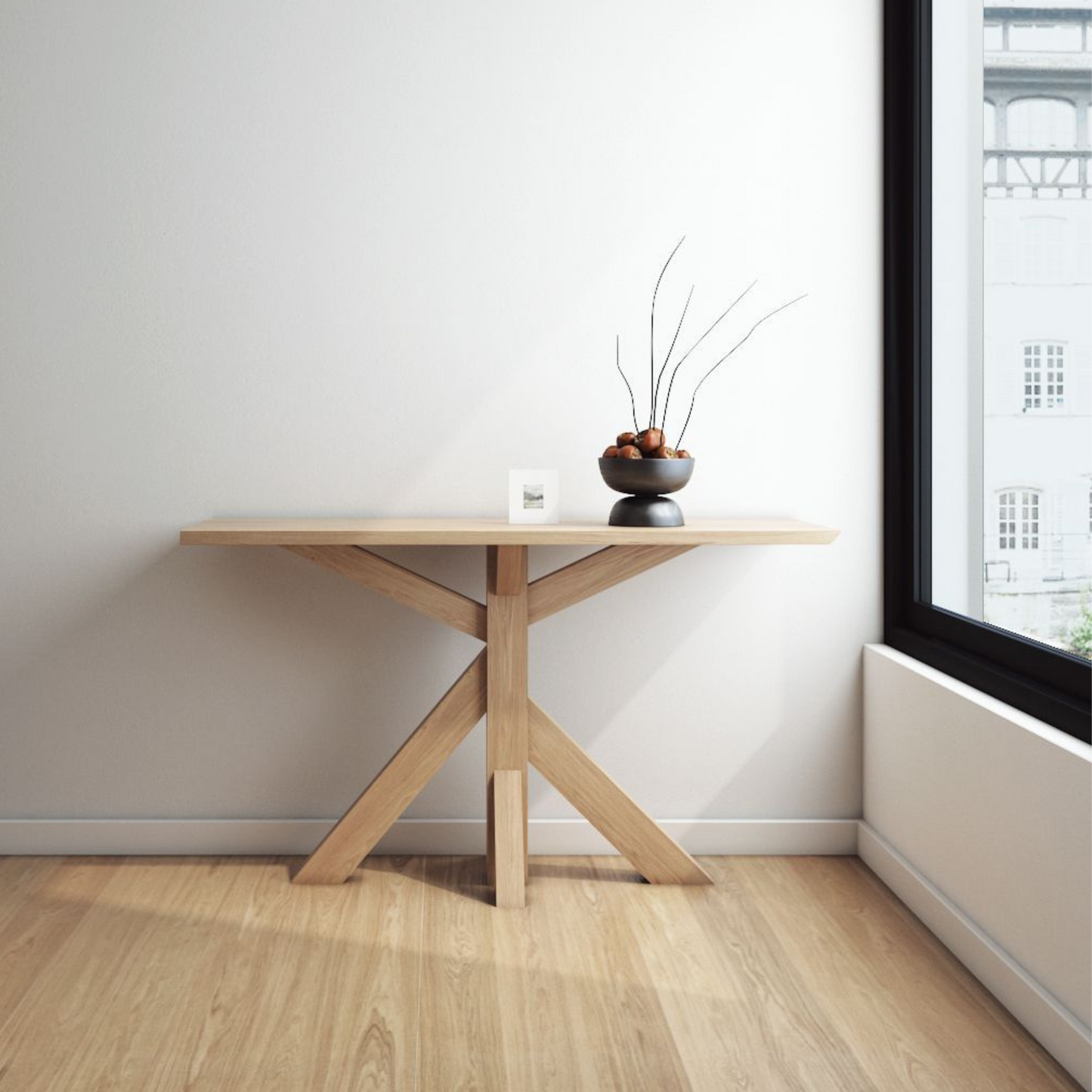 Wooden console table with decor.