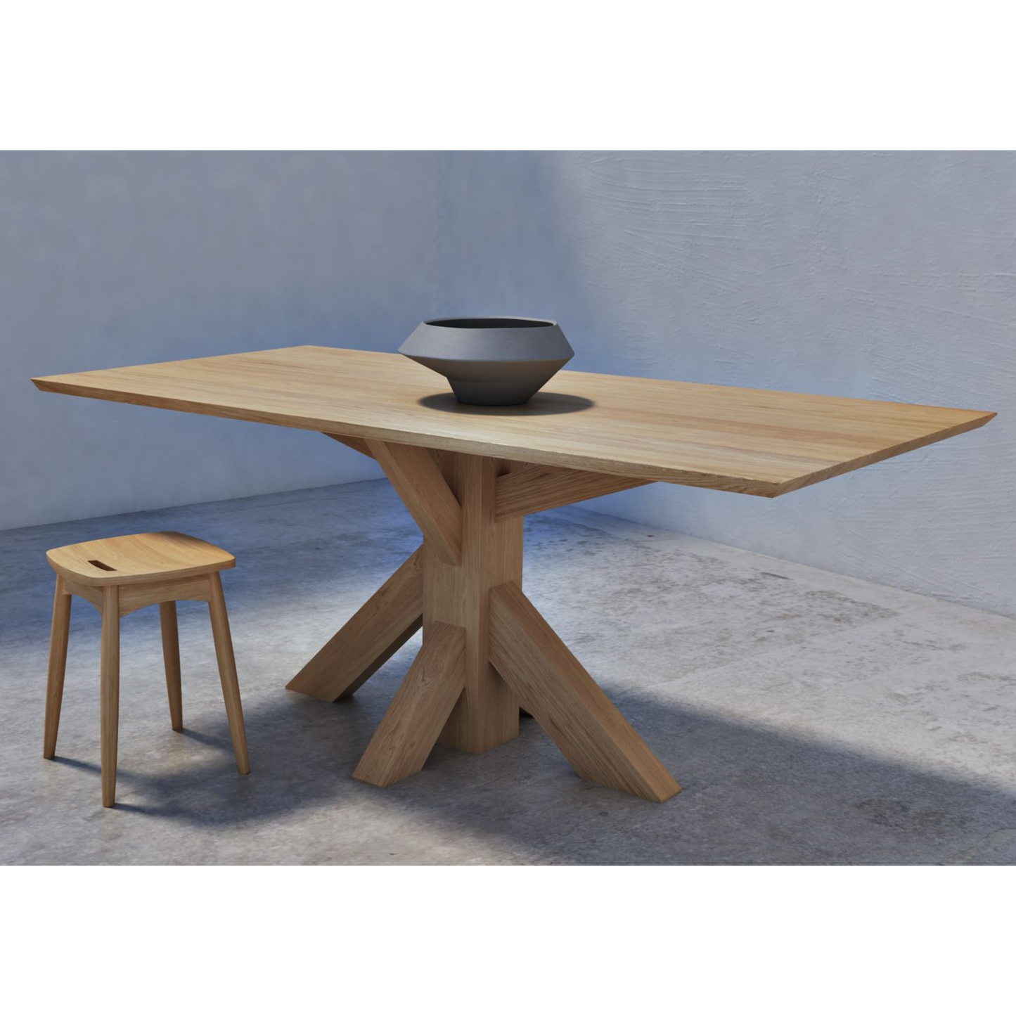 Wooden table, stool, and decorative bowl.
