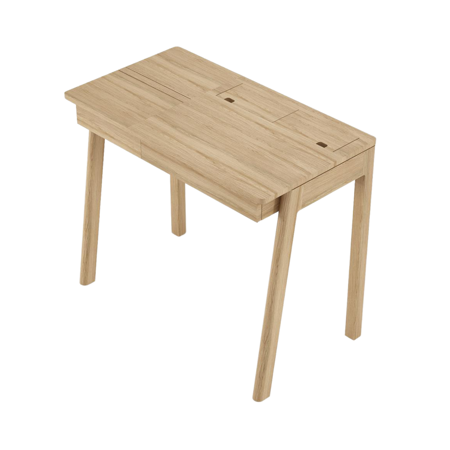 Wooden desk with angled legs.