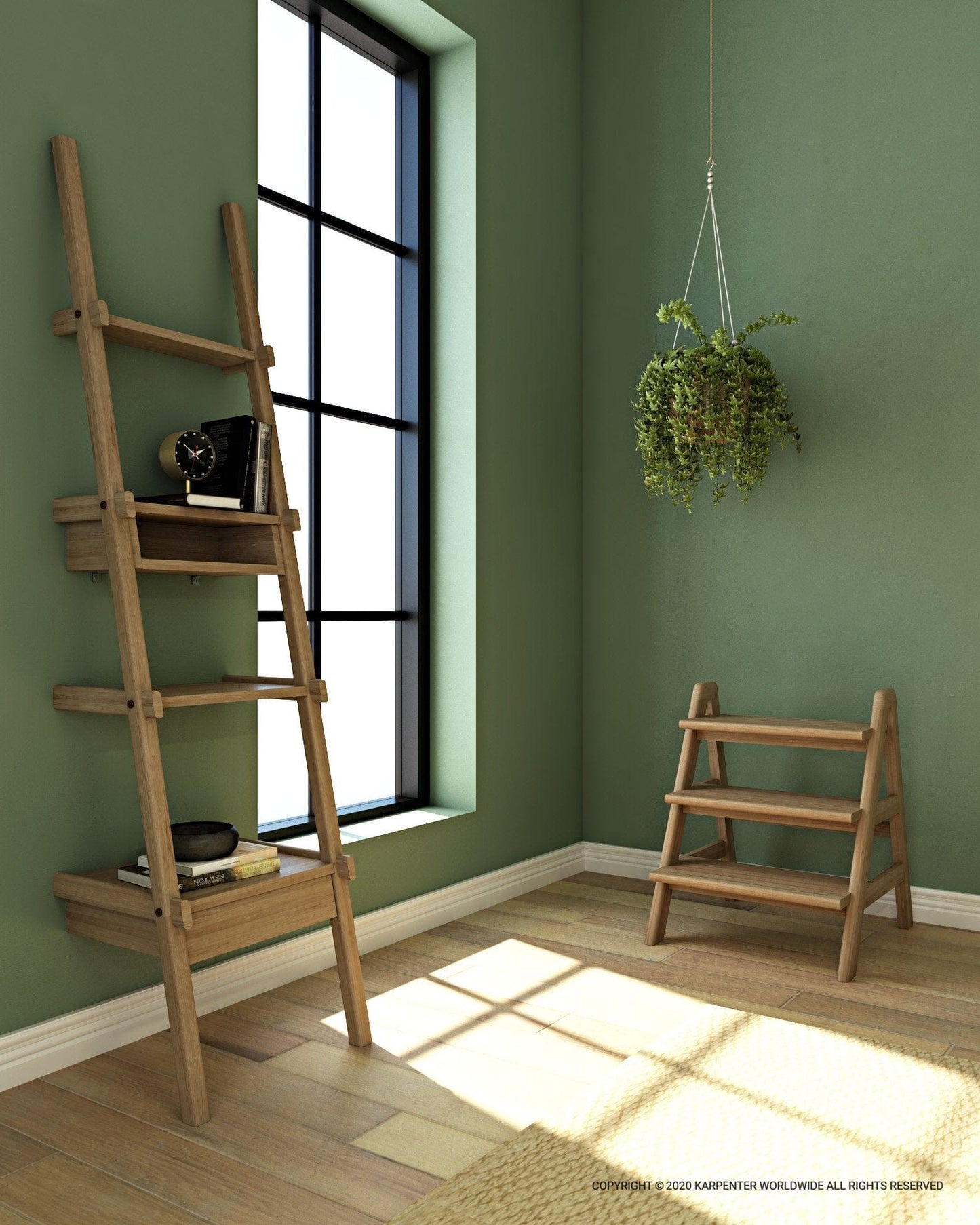 Wooden ladder shelves and hanging plant in green room