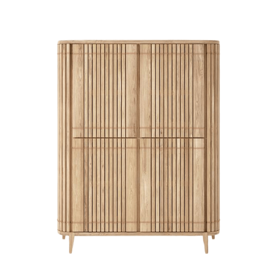 Wooden cabinet with vertical lines.