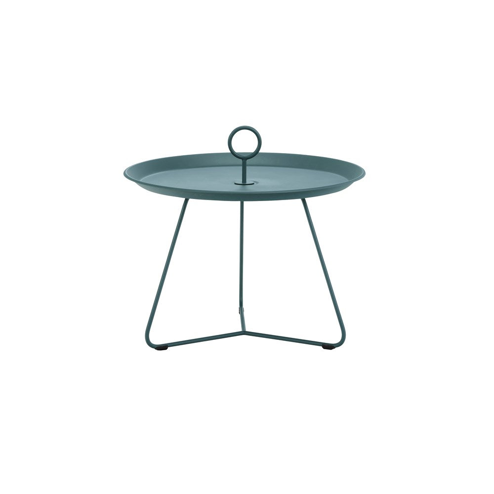 Teal side table with handle.