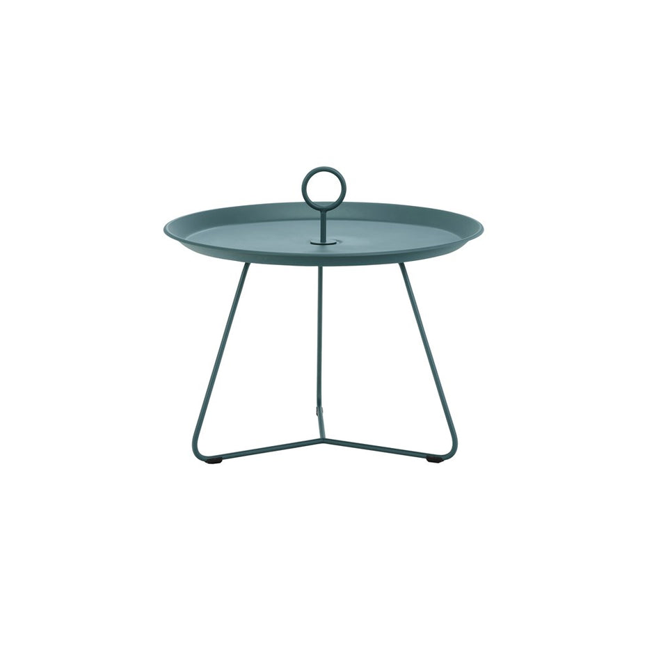 Teal side table with handle.