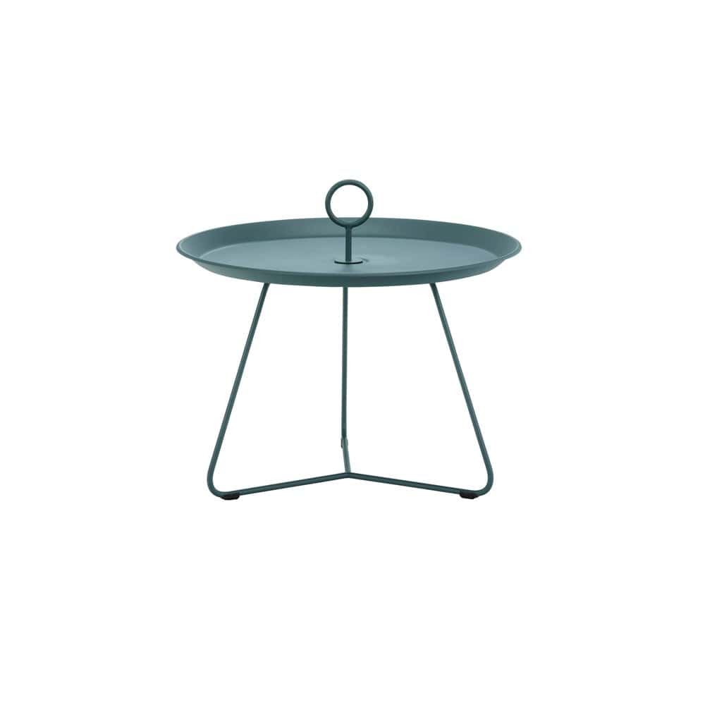 Teal side table with handle.