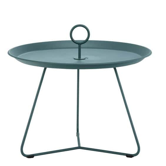 Teal side table with handle.