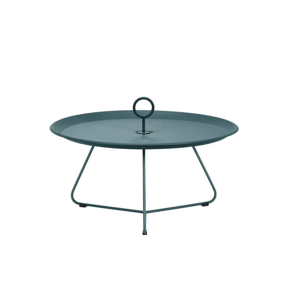 Teal-colored round tray table with handle.