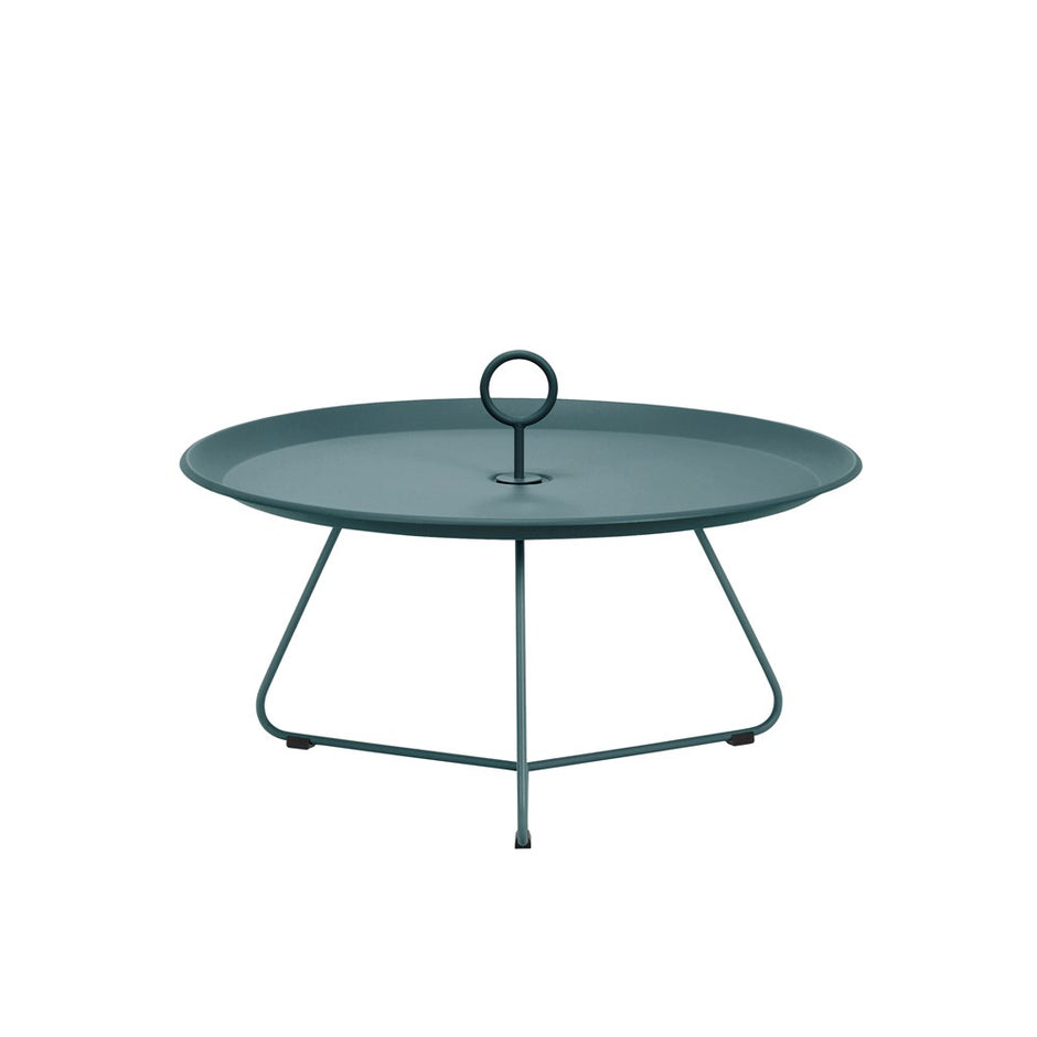 Teal-colored round tray table with handle.