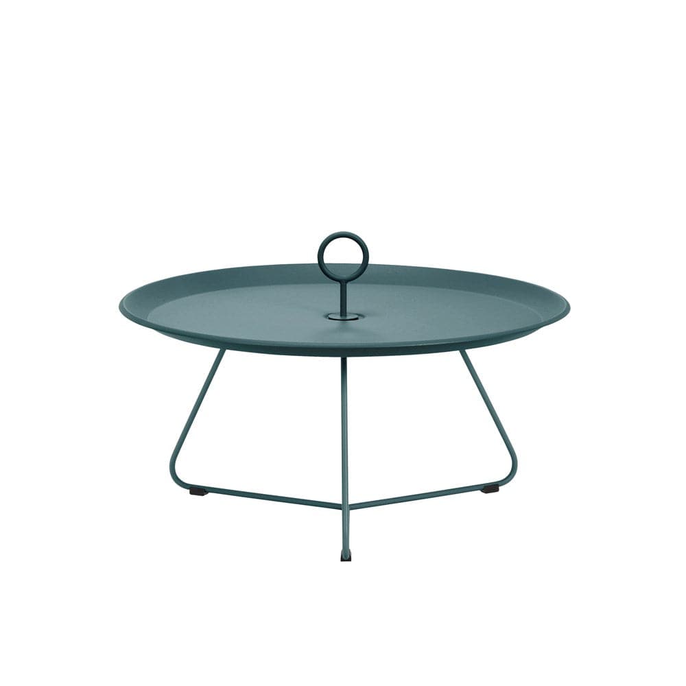 Teal-colored round tray table with handle.