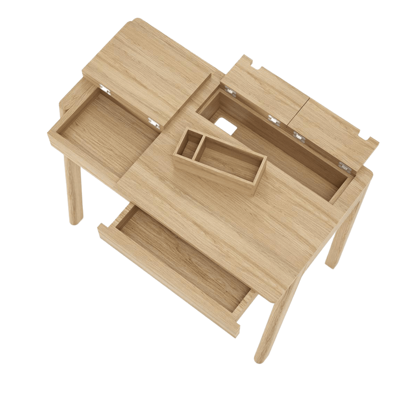 Wooden desk with open drawers and compartments.