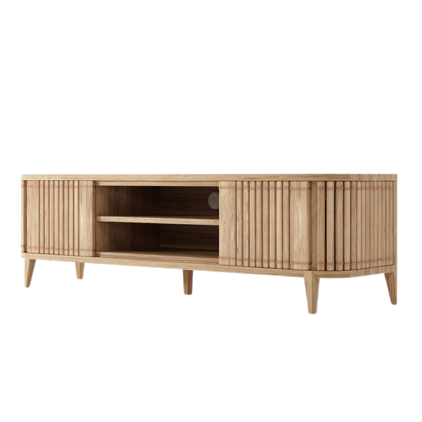 Wooden media console with sliding doors.
