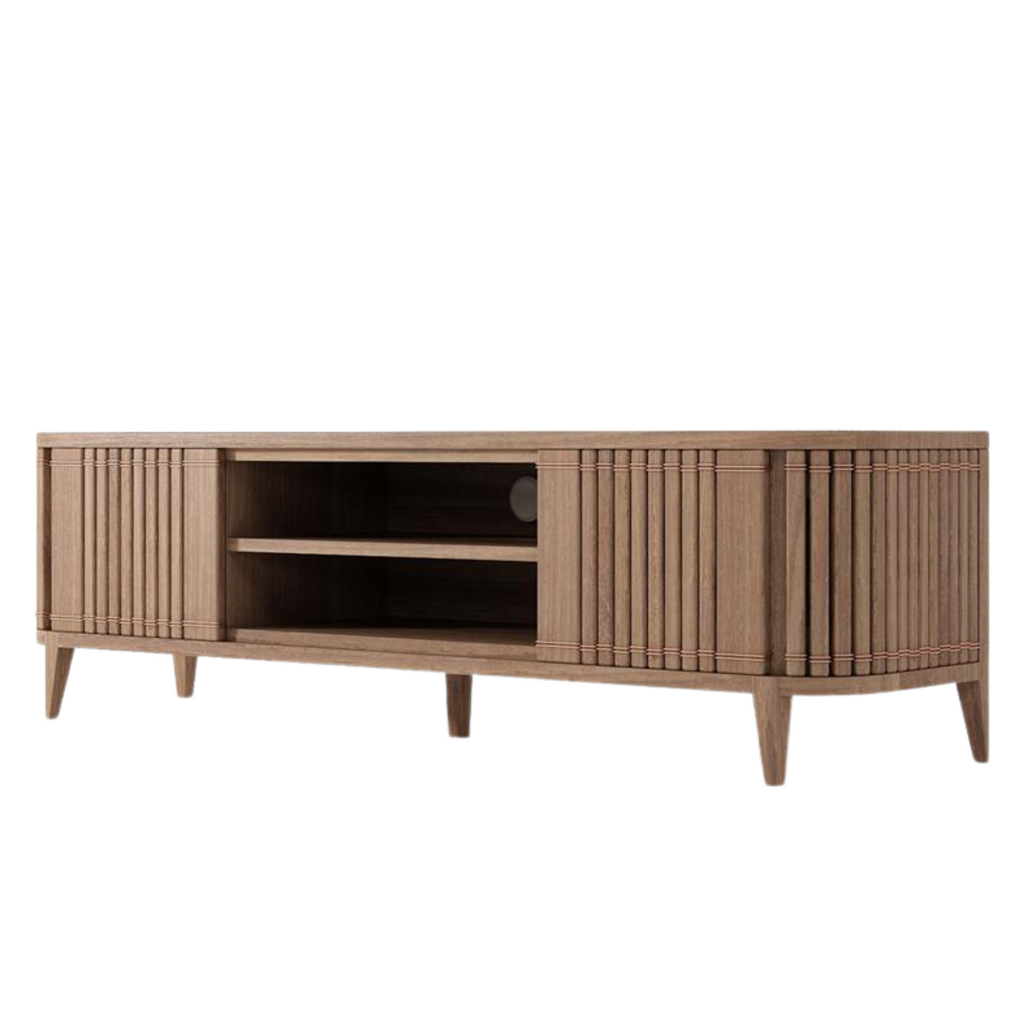 Wooden media console with ribbed doors and shelves.