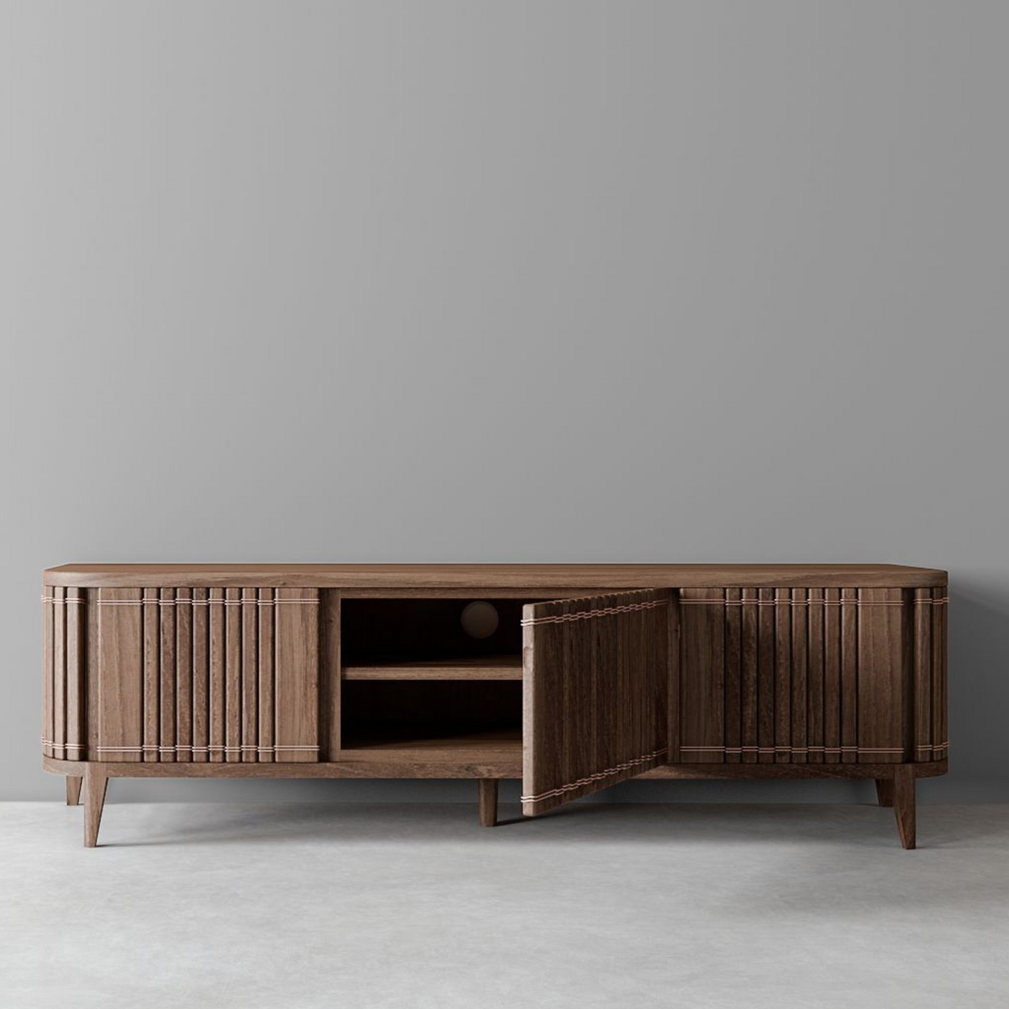 Wooden cabinet with open door.