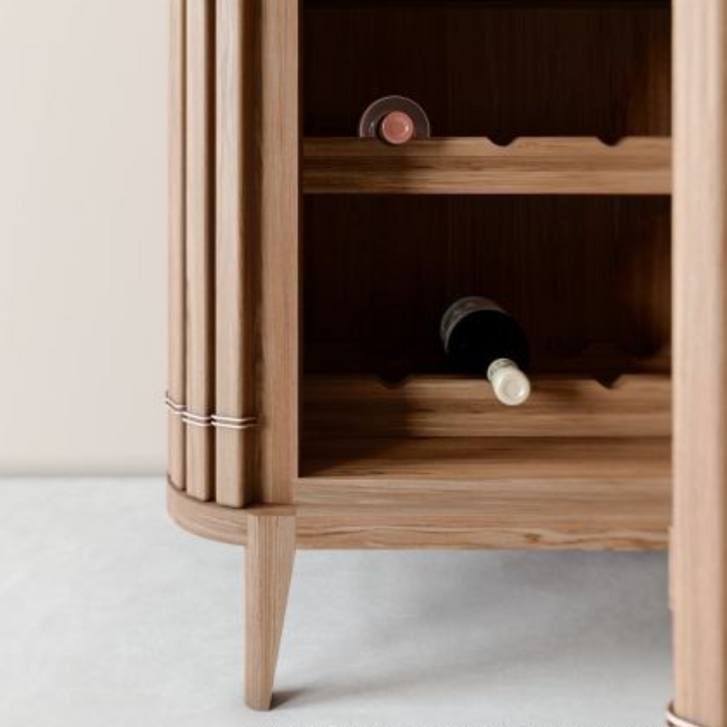 Wooden wine cabinet with two bottles.