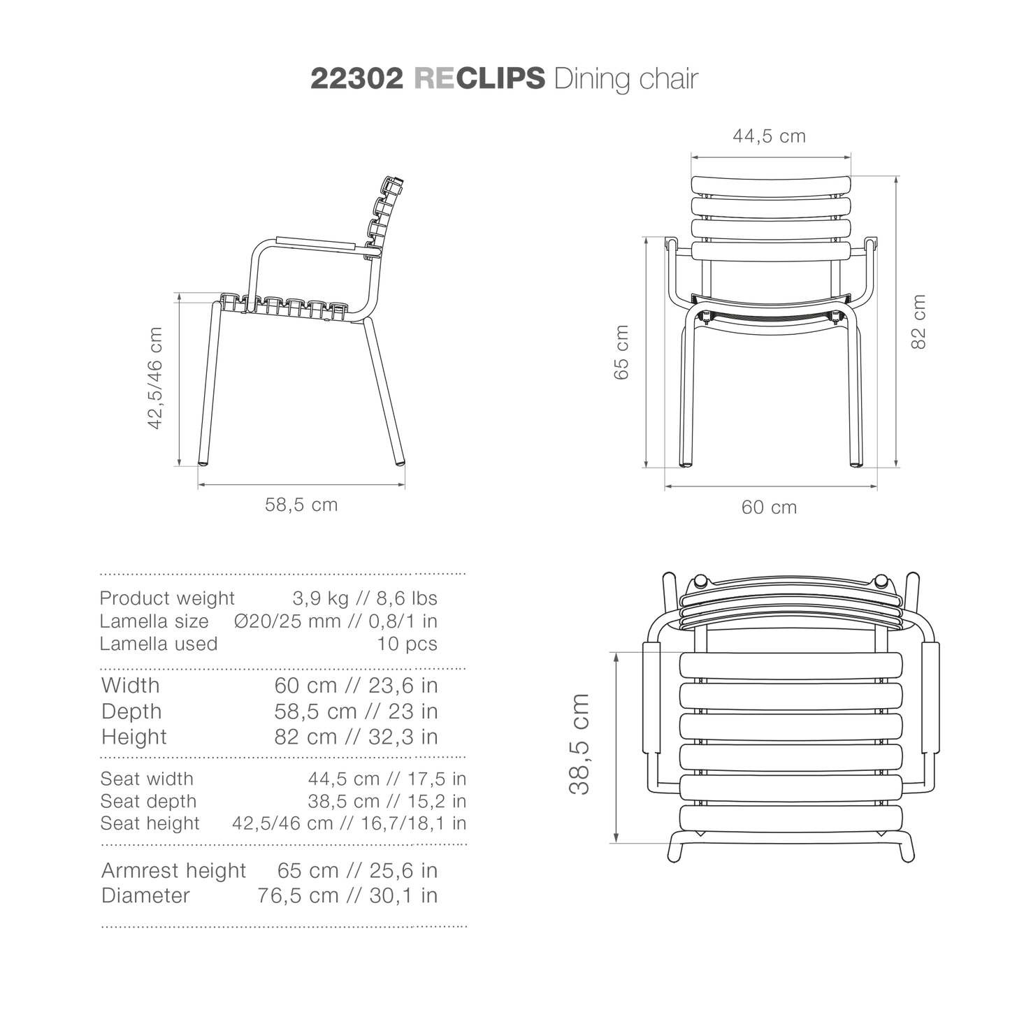 ReCLIPSDiningchair dimensions diagram.