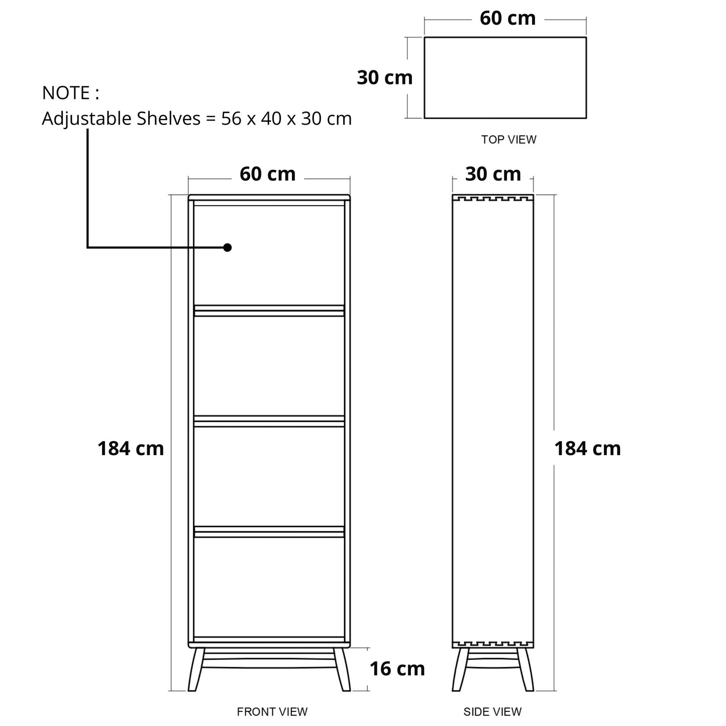 Diagram of a 60cm bookcase with adjustable shelves (22_a5ceb44d)