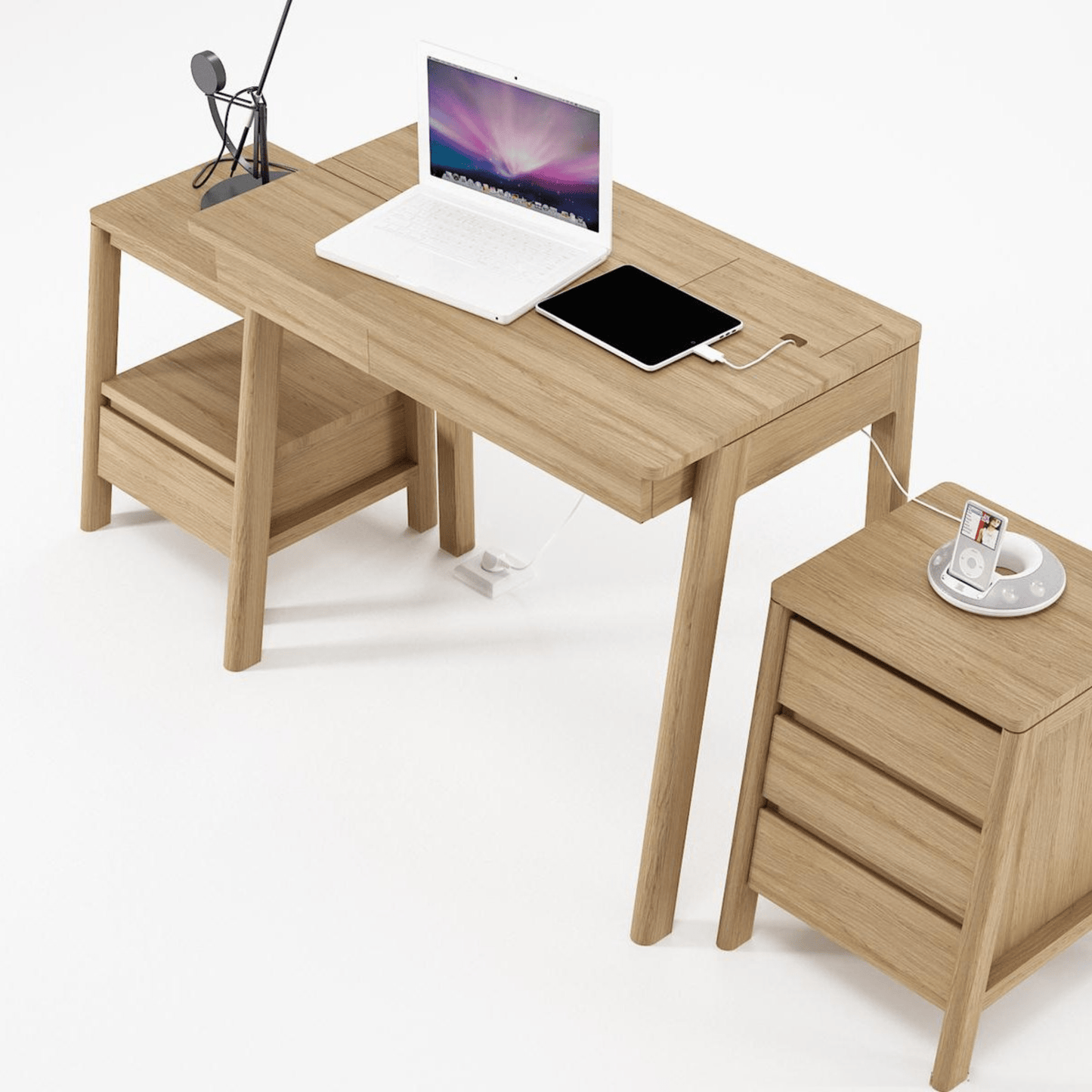 Wooden desk with laptop, tablet, and drawer - 24