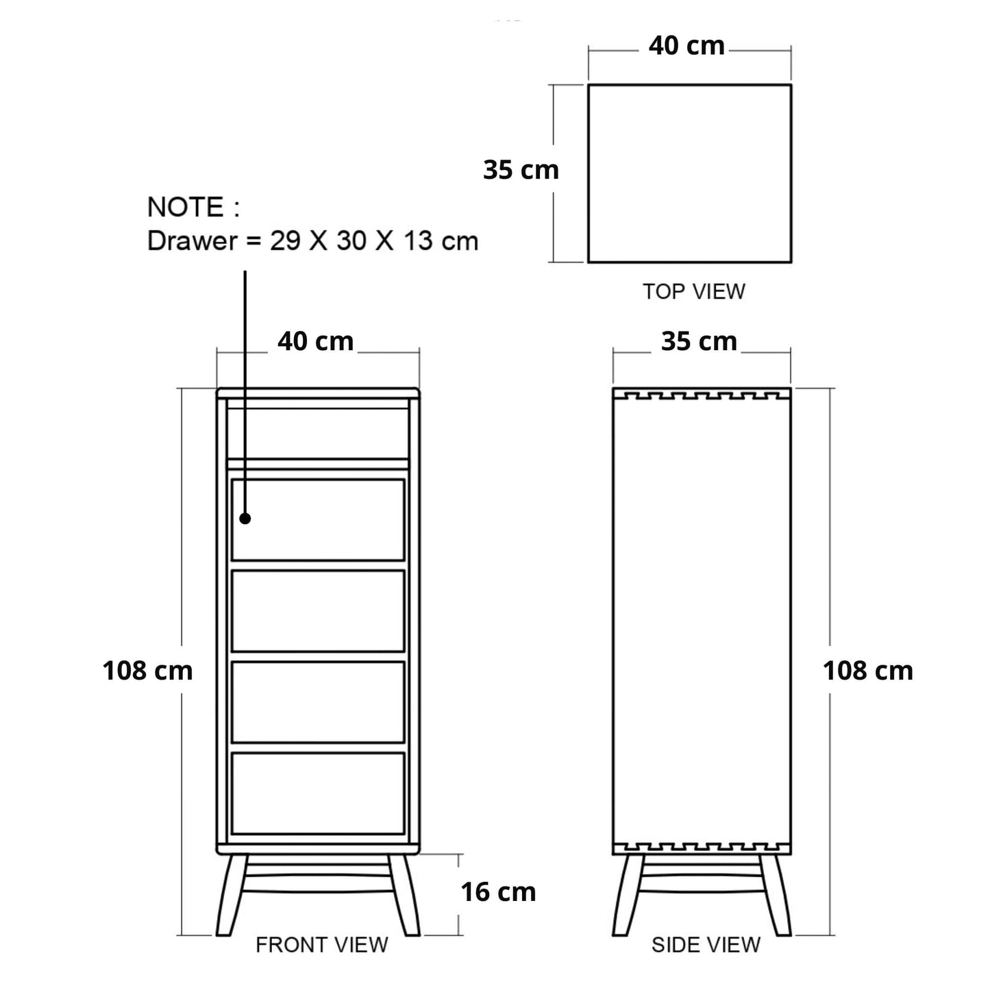 108cm x 40cm x 35cm, drawer 29x30x13cm