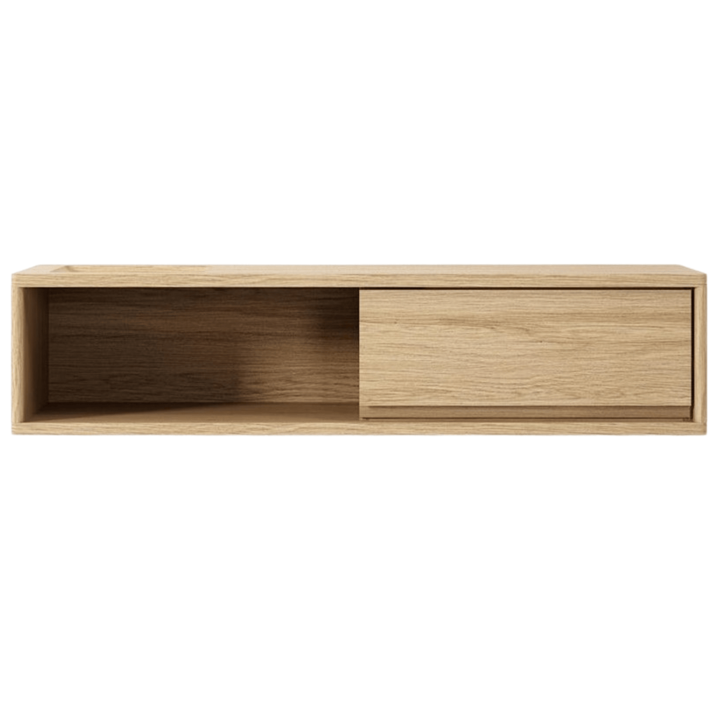Wooden wall-mounted shelf with sliding drawer.