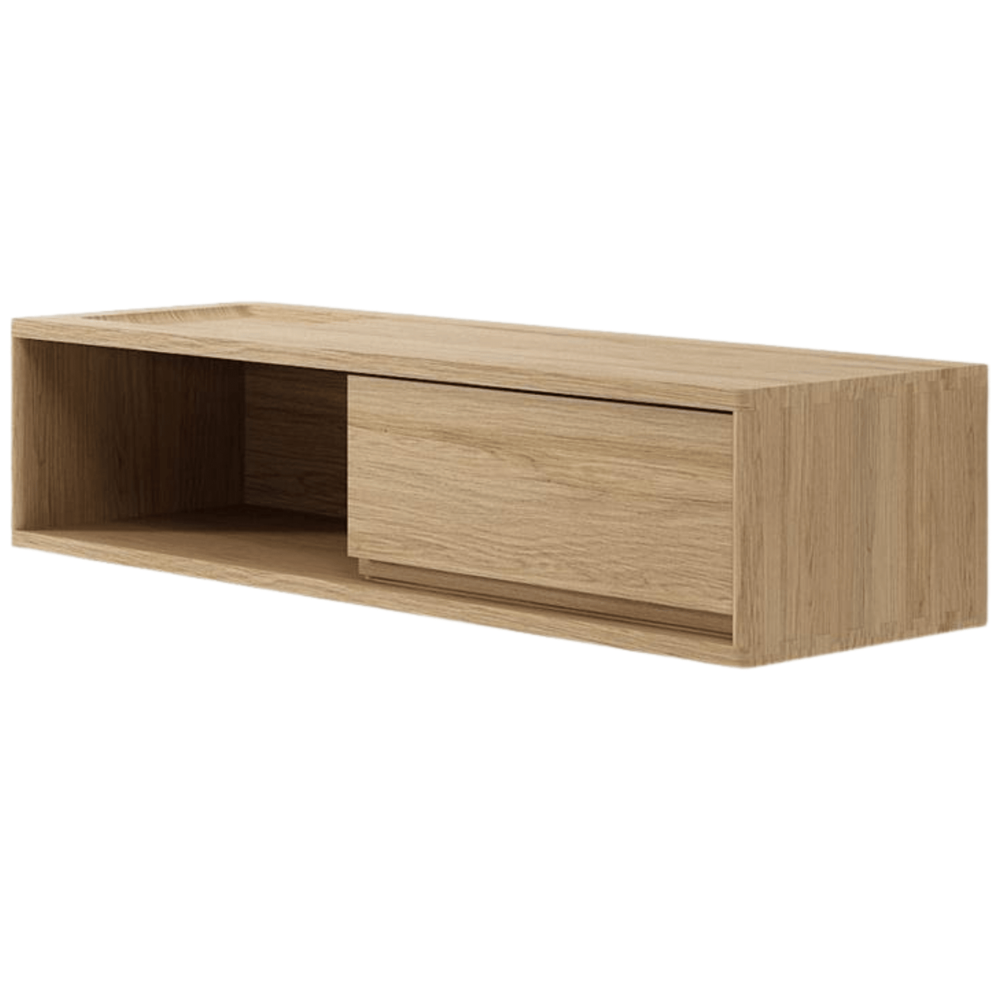 Wooden wall-mounted shelf with open compartment and drawer.