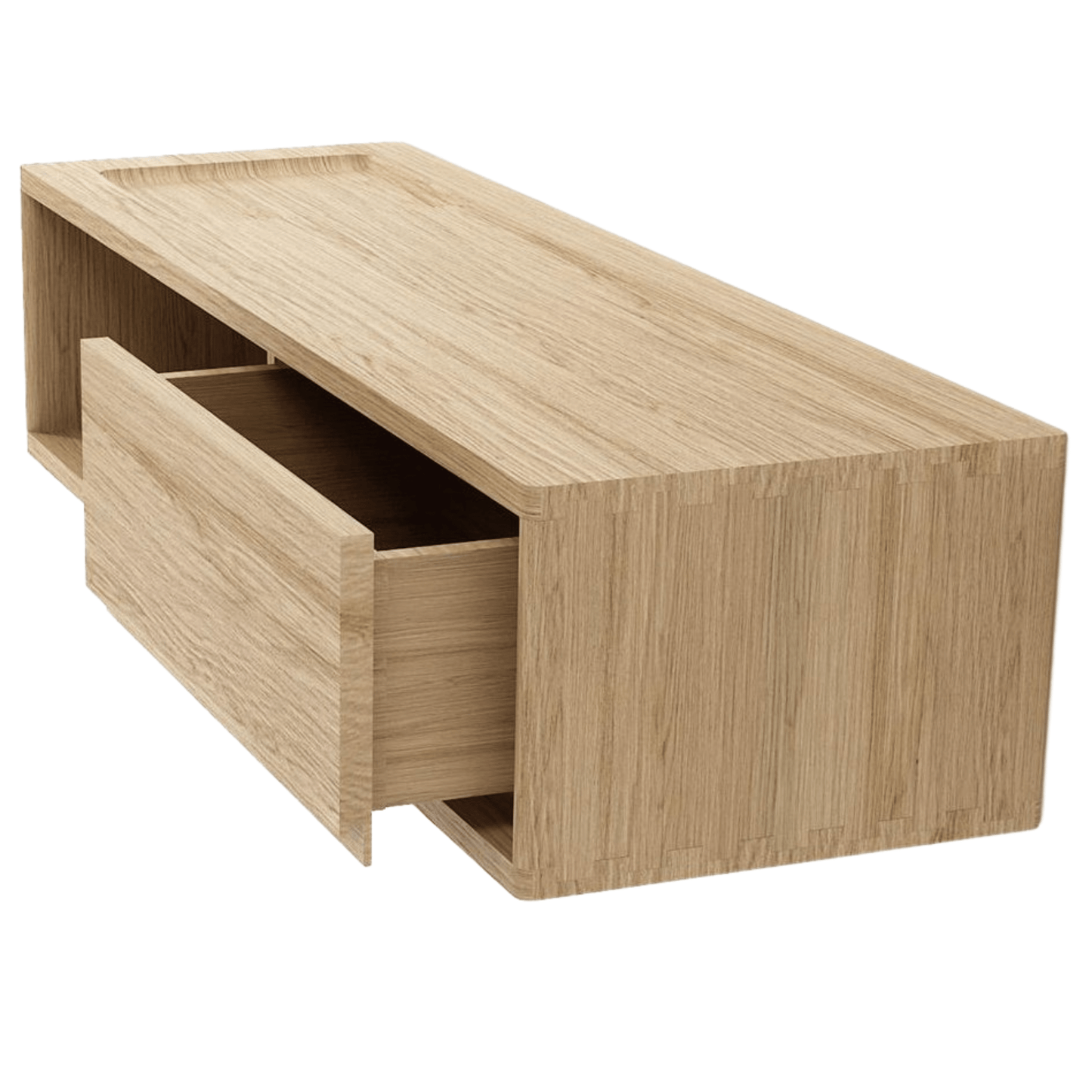 Wooden floating shelf with open drawer.