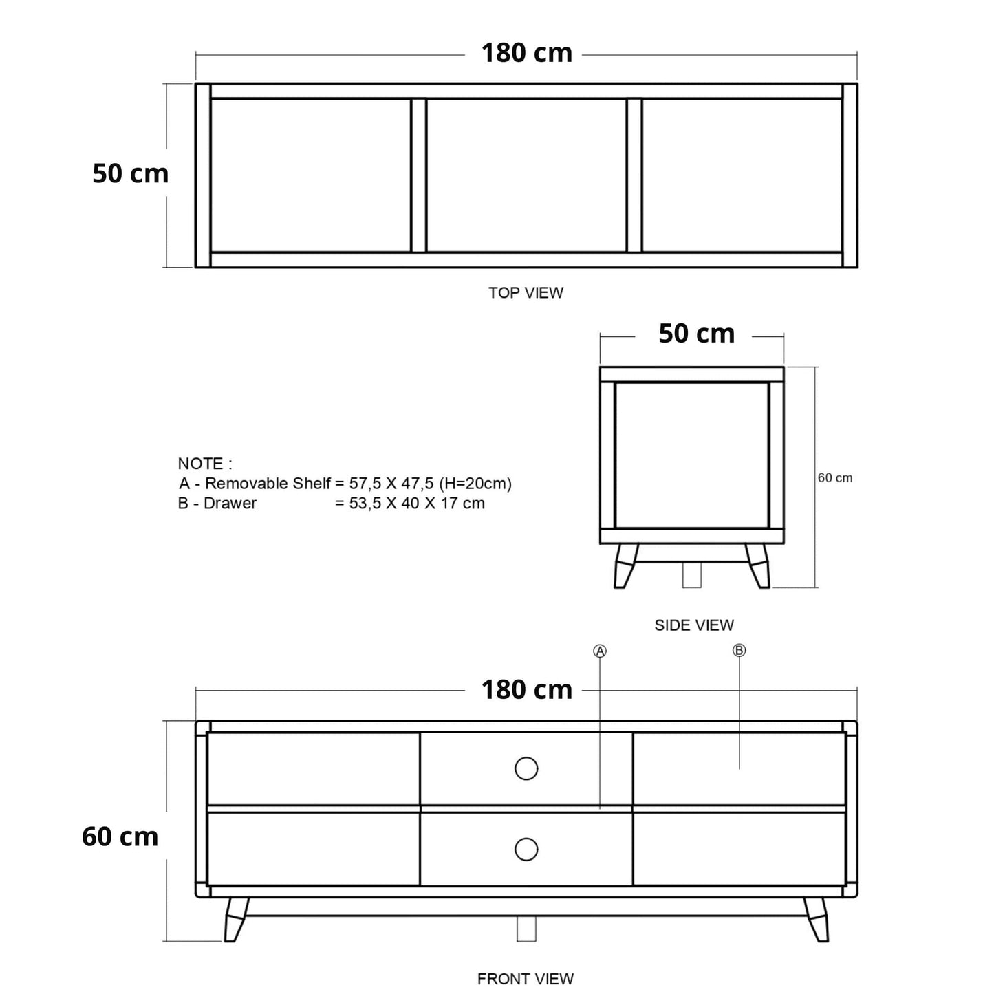 180cm x 60cm, with drawers and shelves.