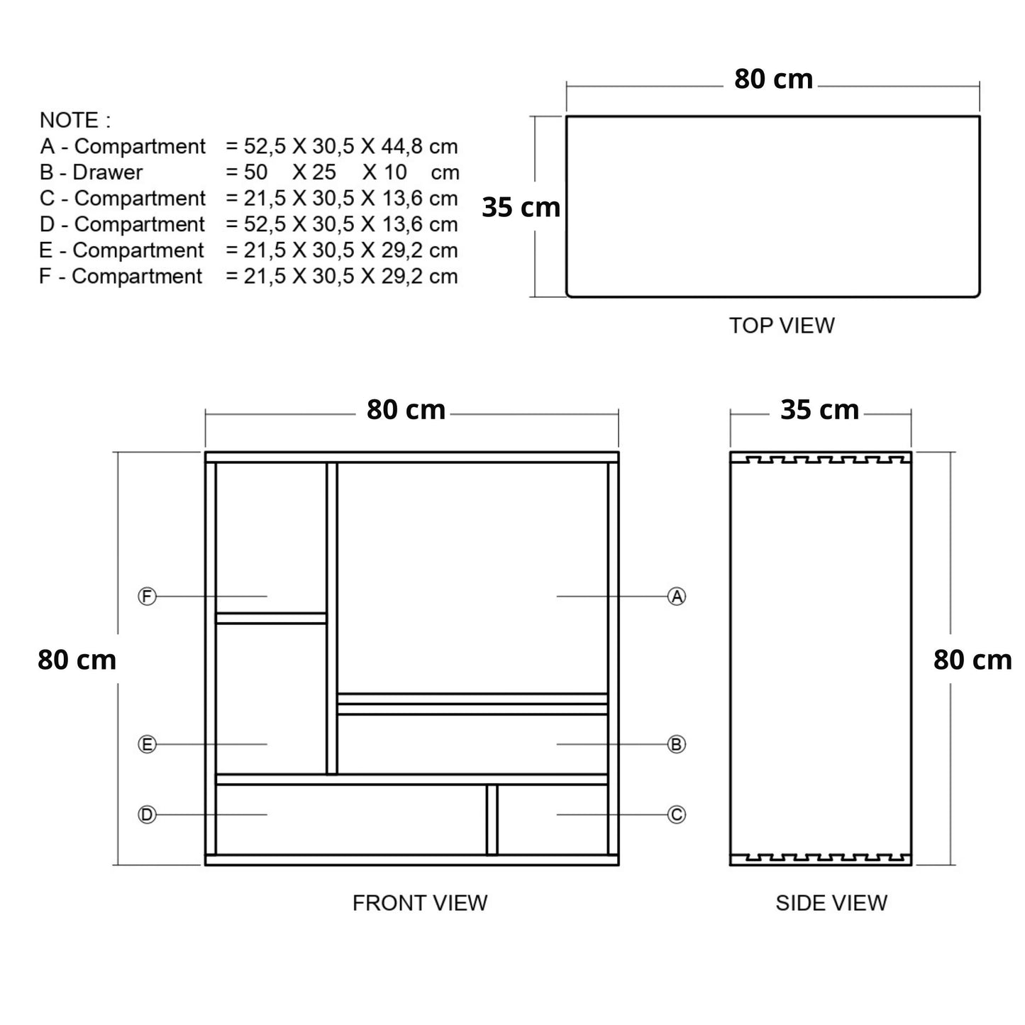 Diagram of cabinet with dimensions and views.
