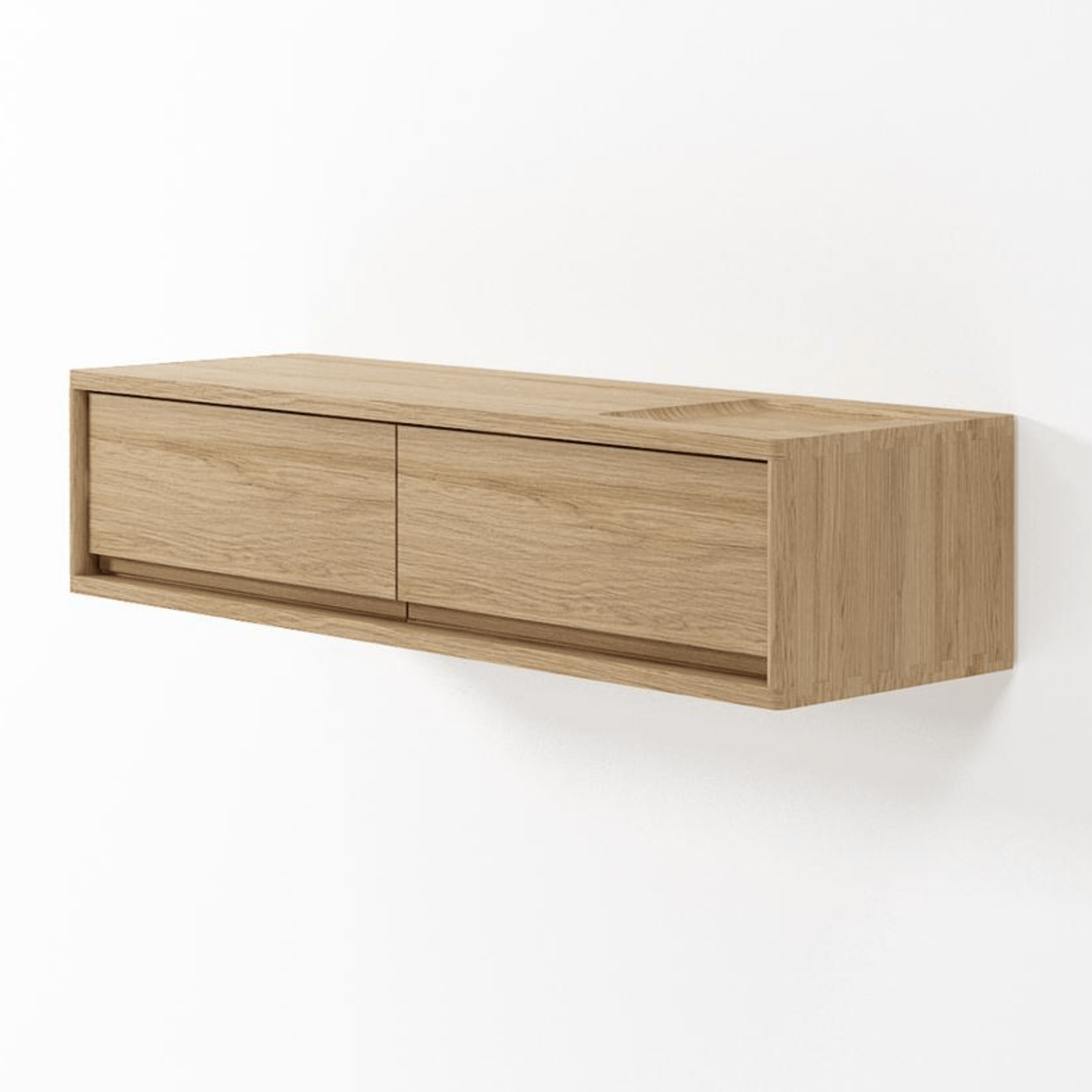 Wooden floating cabinet with two drawers.