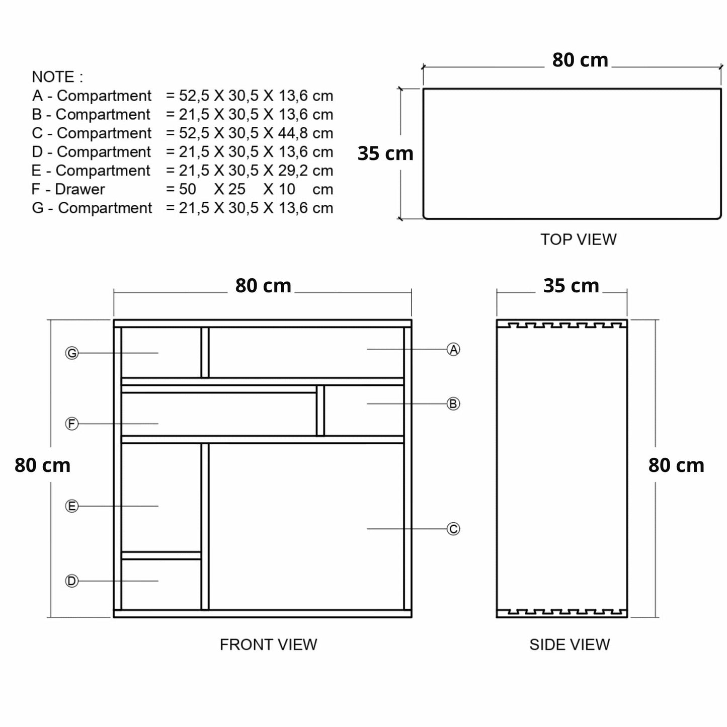 Diagram of a cabinet with dimensions and compartments labeled.