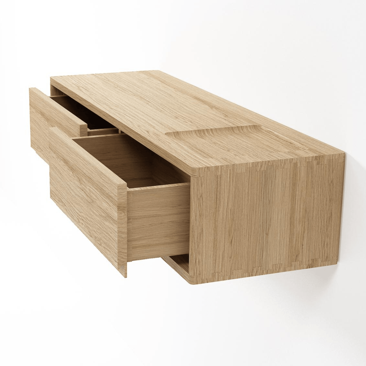 Wooden floating cabinet with open drawer.