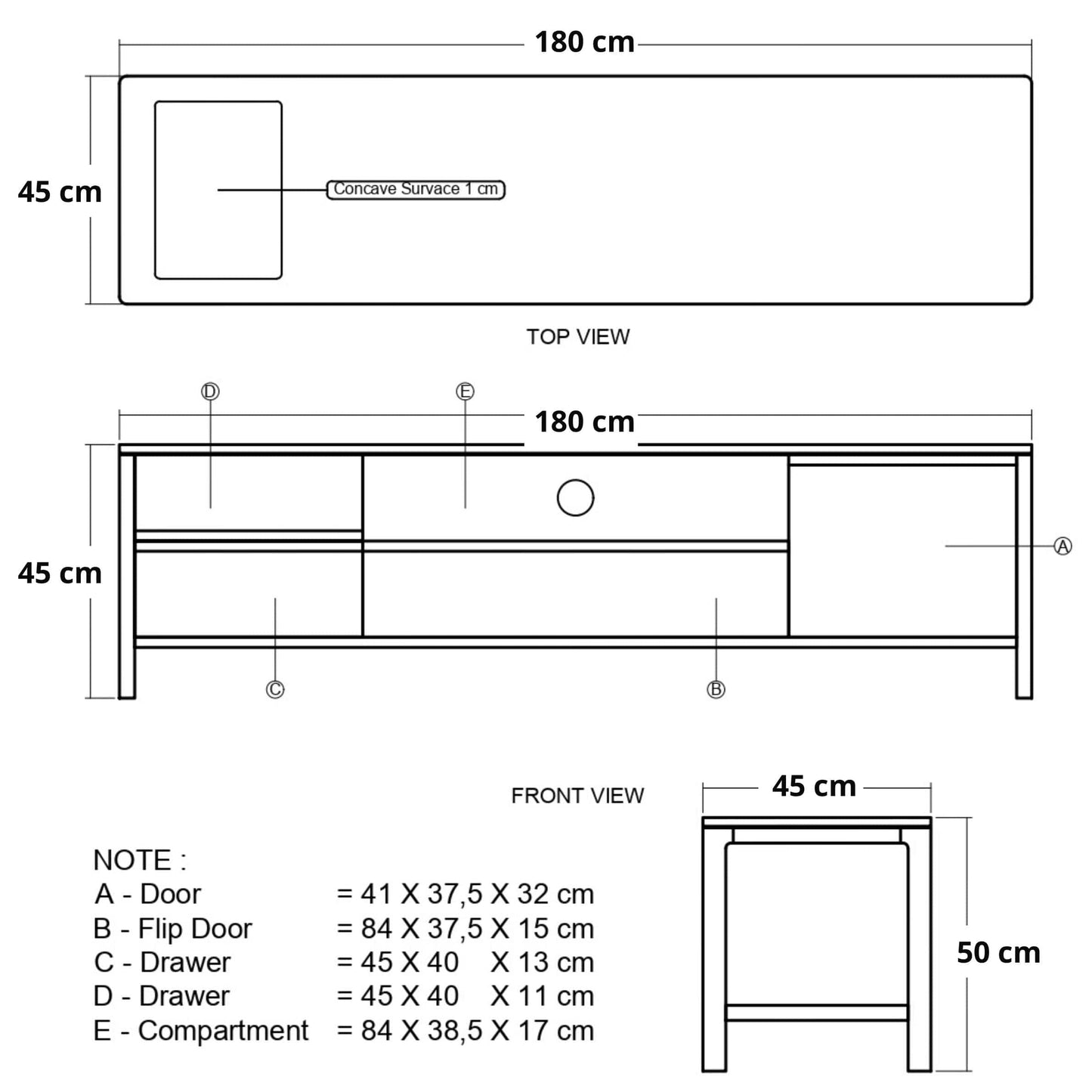 Diagram of a cabinet with dimensions.