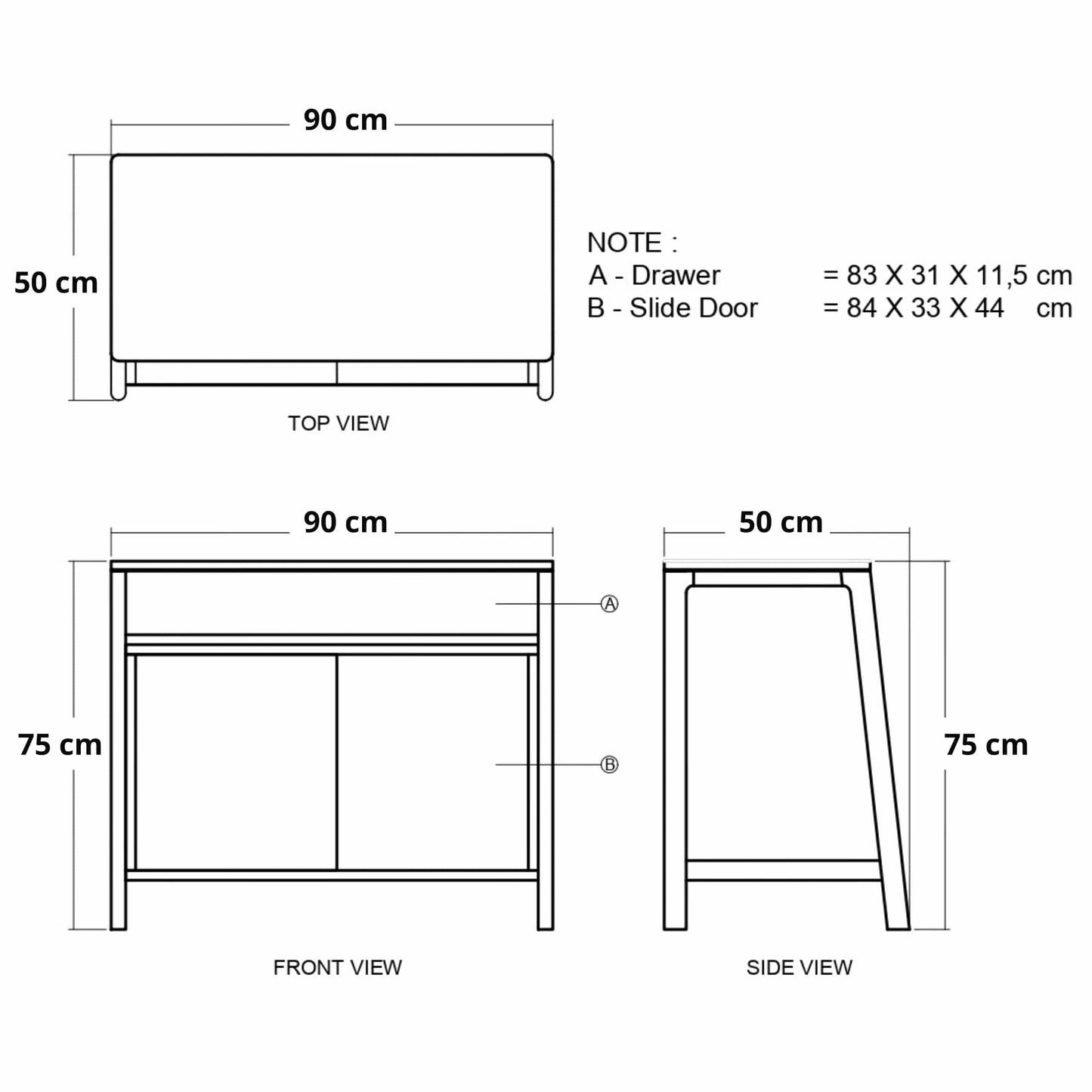 Diagram of furniture with dimensions.