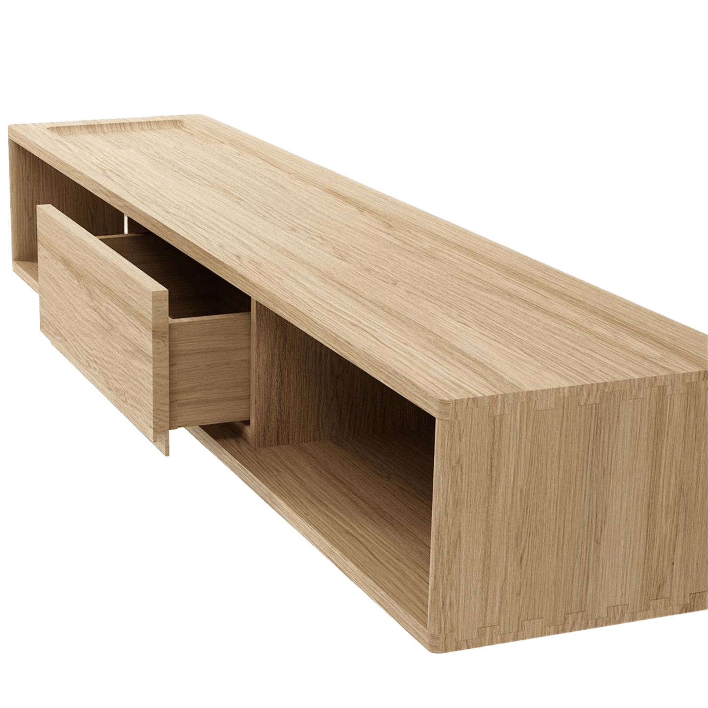 Wooden wall-mounted cabinet with an open drawer.
