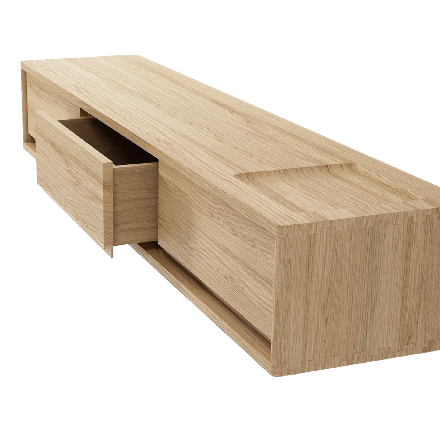 Wooden floating media console with open drawer.