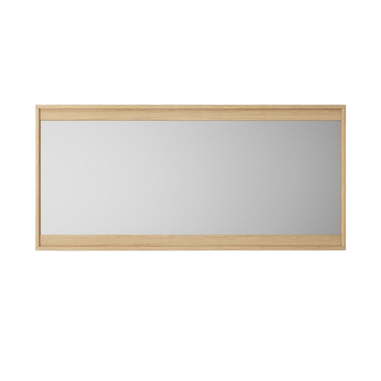 Rectangular mirror with a light wood frame.