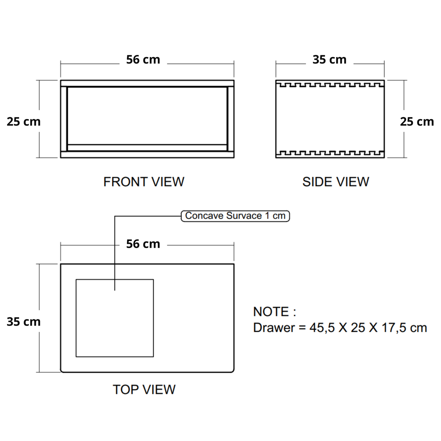 Diagram showing front, side, and top views with measurements.