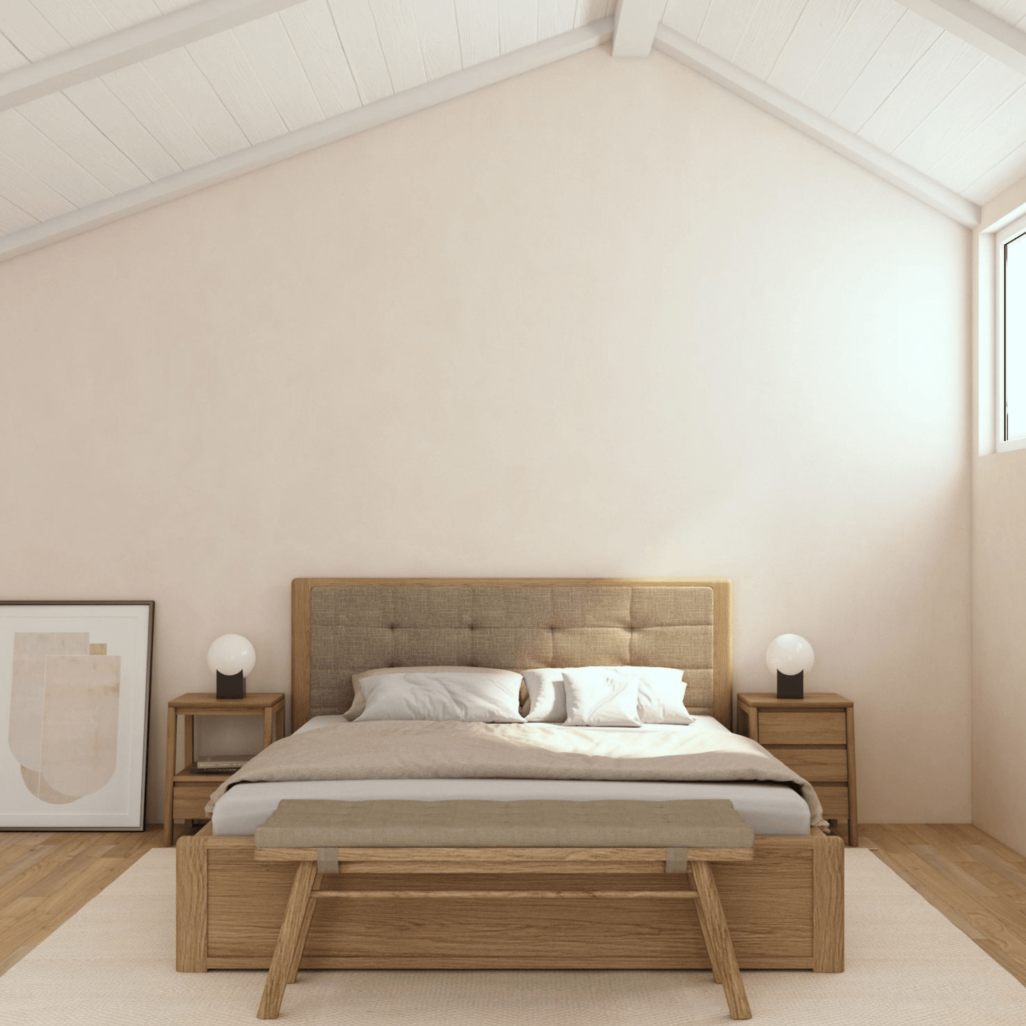 Bedroom with bed, nightstands, and art.