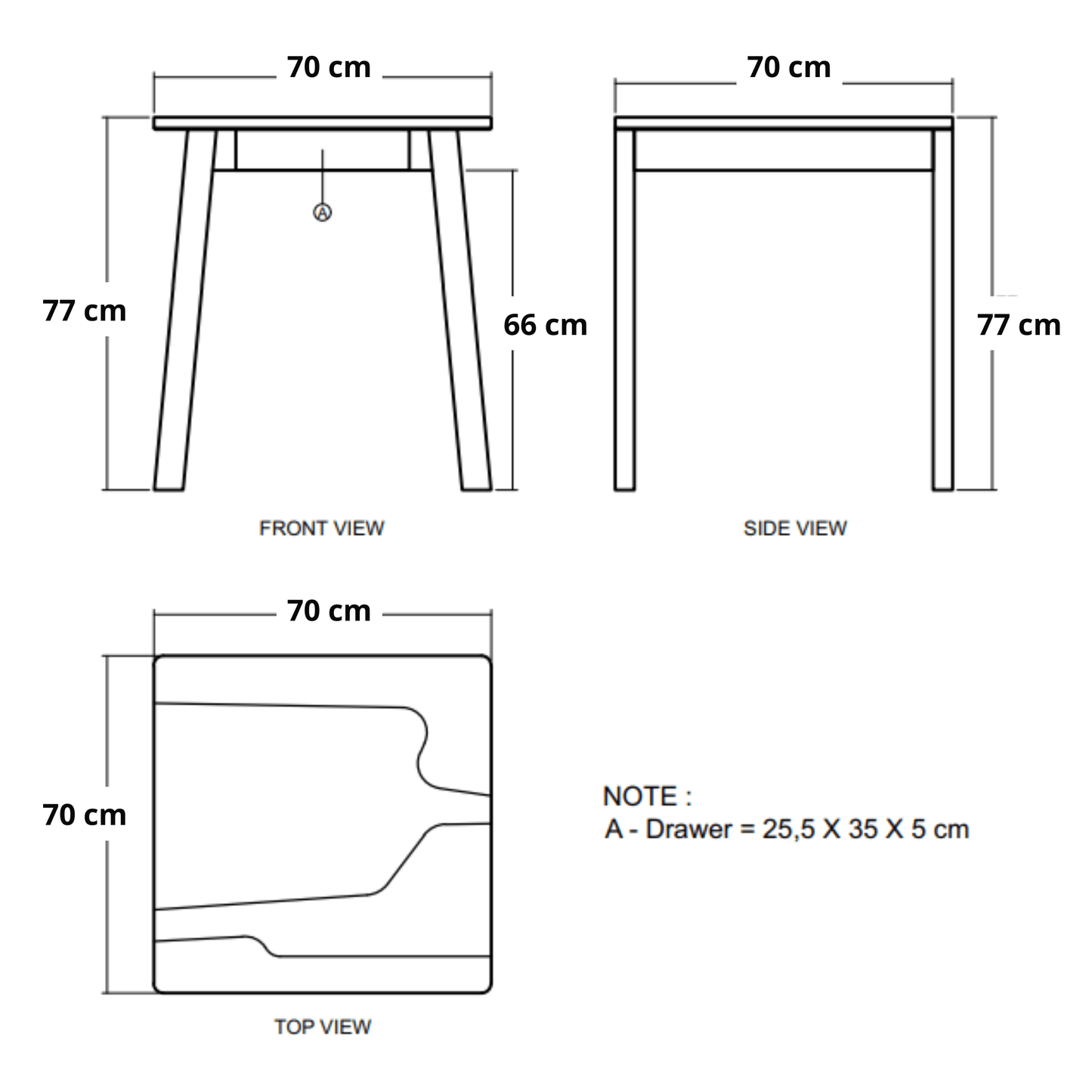 Diagram of a table with front, side, and top views, labeled with dimensions.