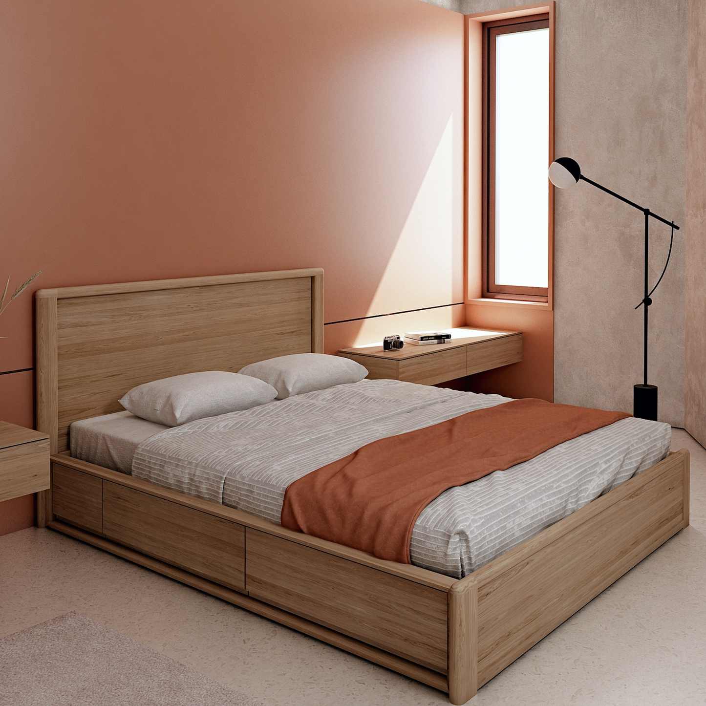 Wooden bed frame with storage, room interior