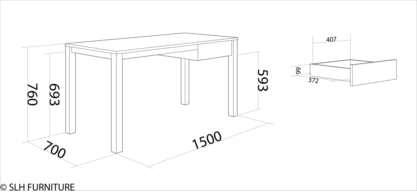 4MP_KSD002 Desk dimensions and drawer detail.