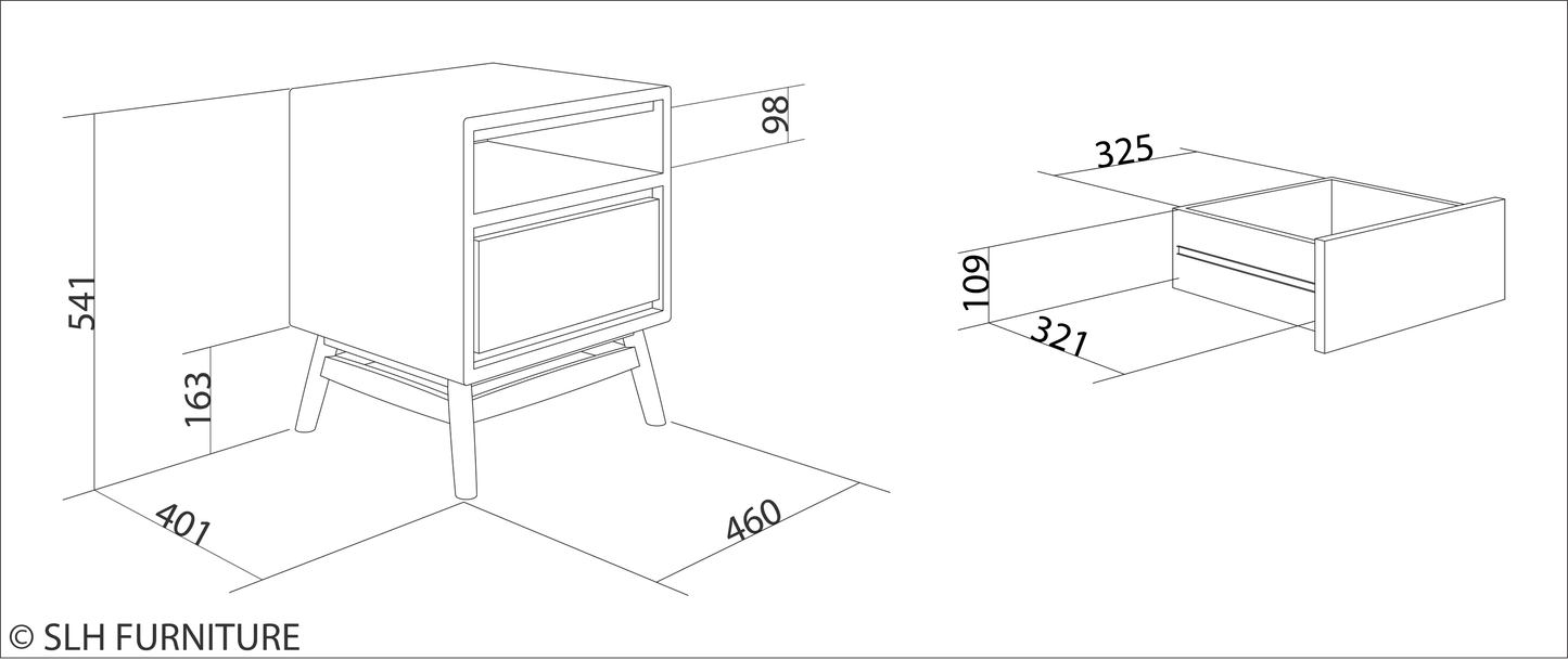 4MP KT033 Nightstand dimensions and detailed view.