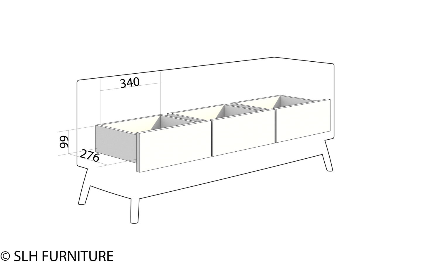 Storage unit with 3 drawers, dimensions shown.