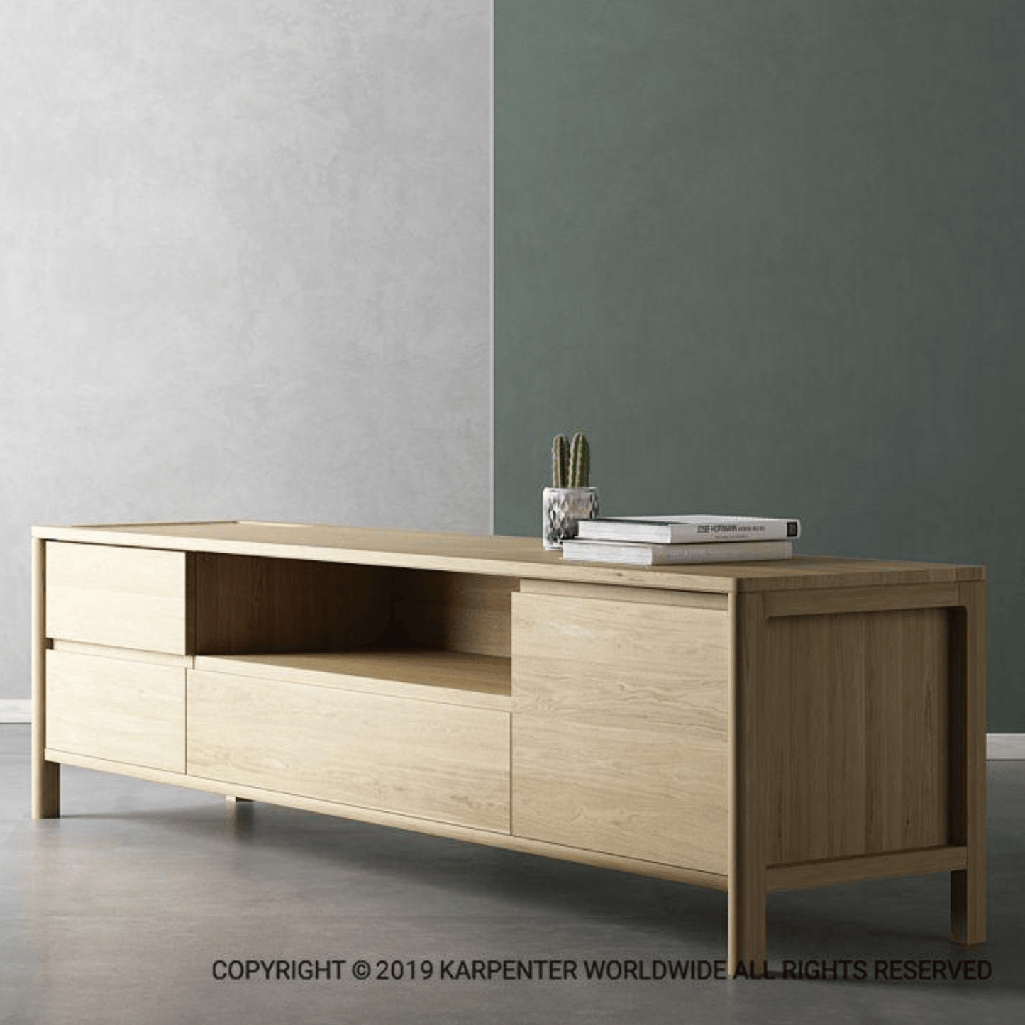 Wooden TV stand with drawers and shelf.