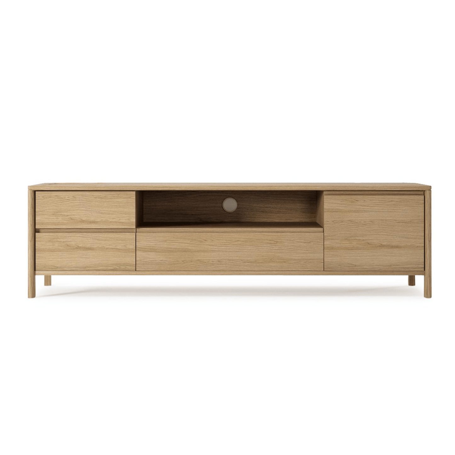 Wooden TV stand with drawers and open shelf.