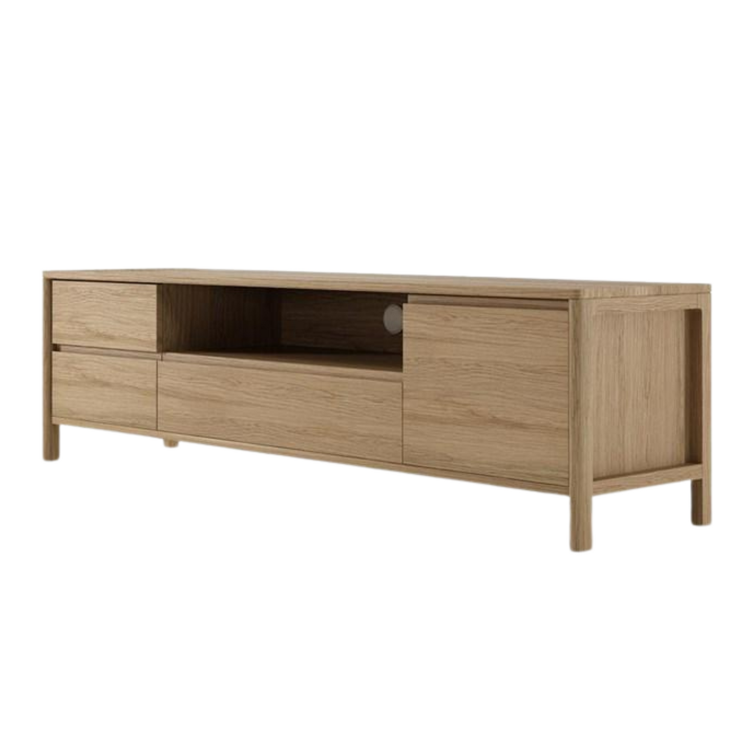 Wooden TV stand with drawers and open shelf.